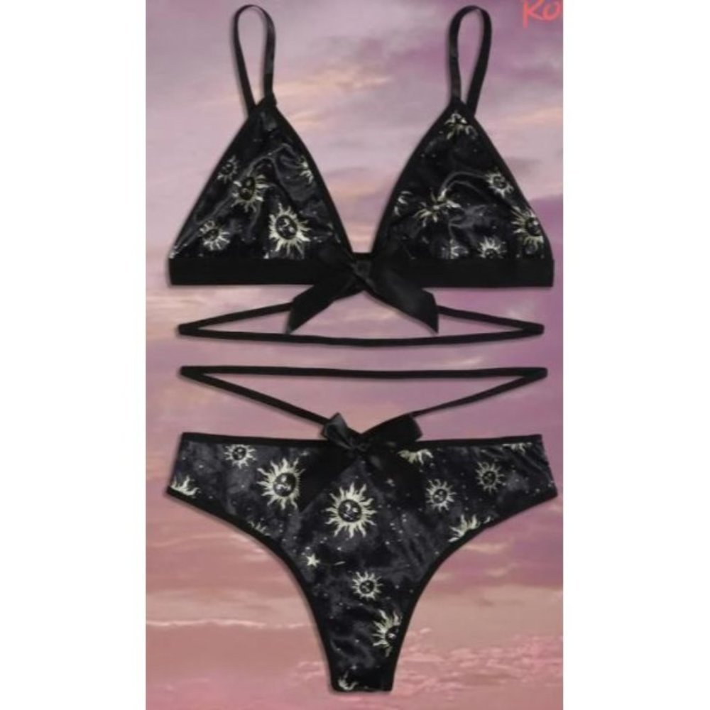 Size Small thru Large - Black Galaxy Print Harness Lingerie Set